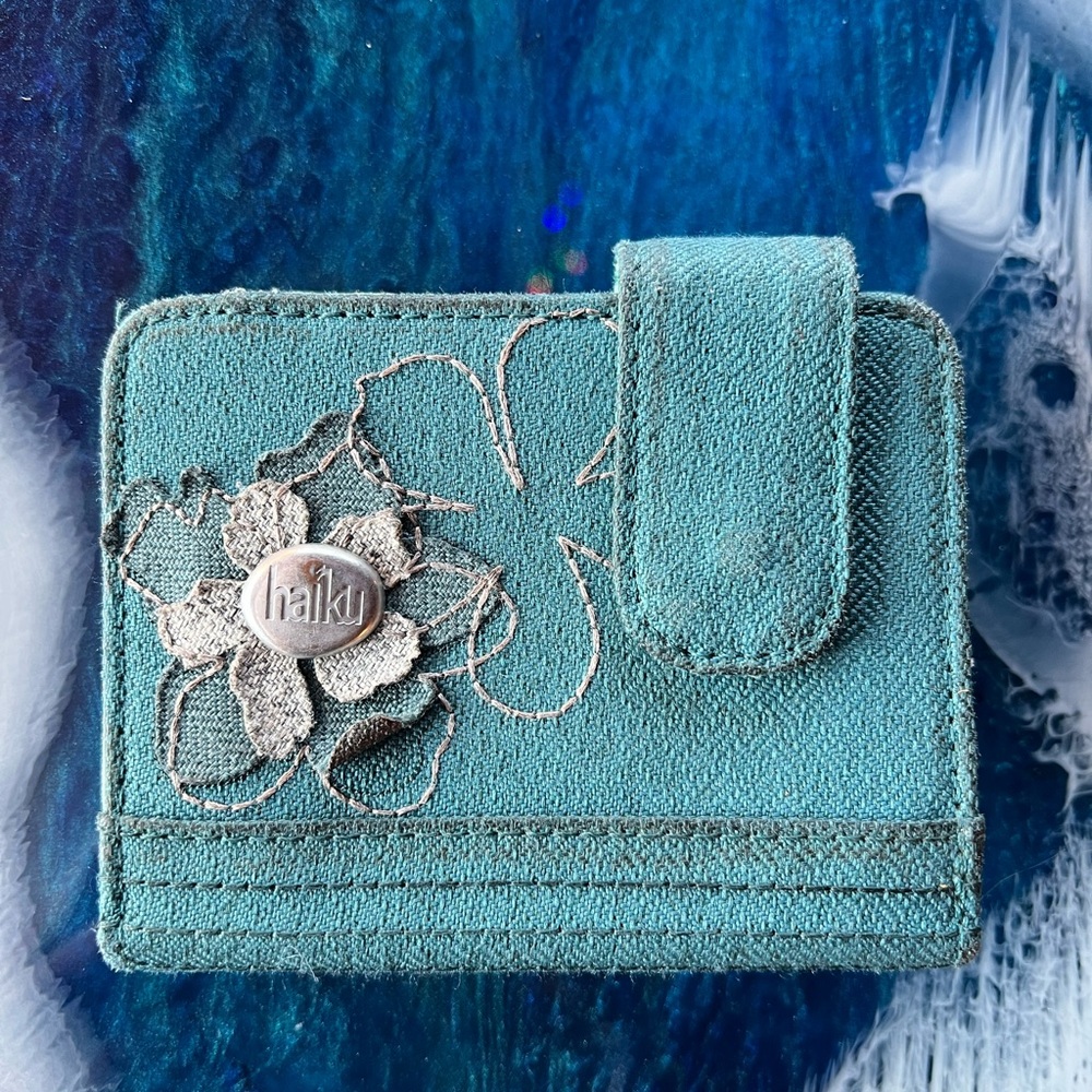 Haiku Turquoise Green Embroidered Bi-fold Wallet with card, id and zipper
